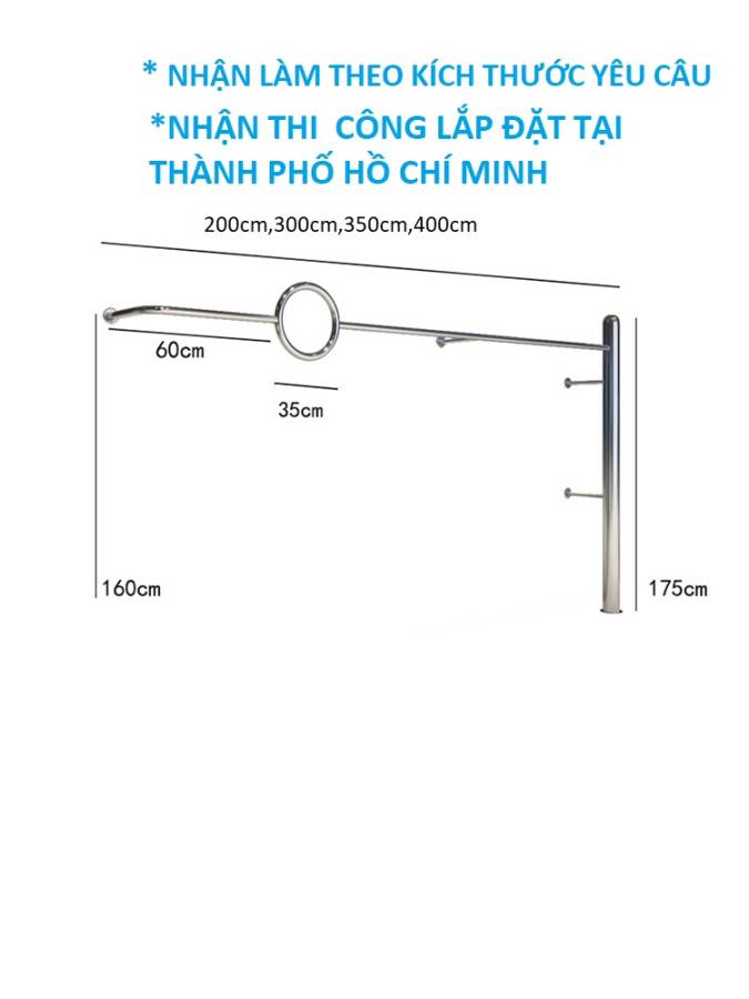 GIÁ TREO QUẦN ÁO SHOP THỜI TRANG INOX 304- MÂU GT15- DÀI 300CM